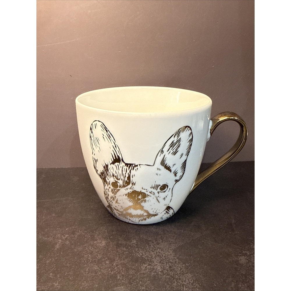 CAMBRIDGE Limited Edition Gold/White FRENCH BULL DOG 16oz MUG Cup PUPPY 3¾" Tall